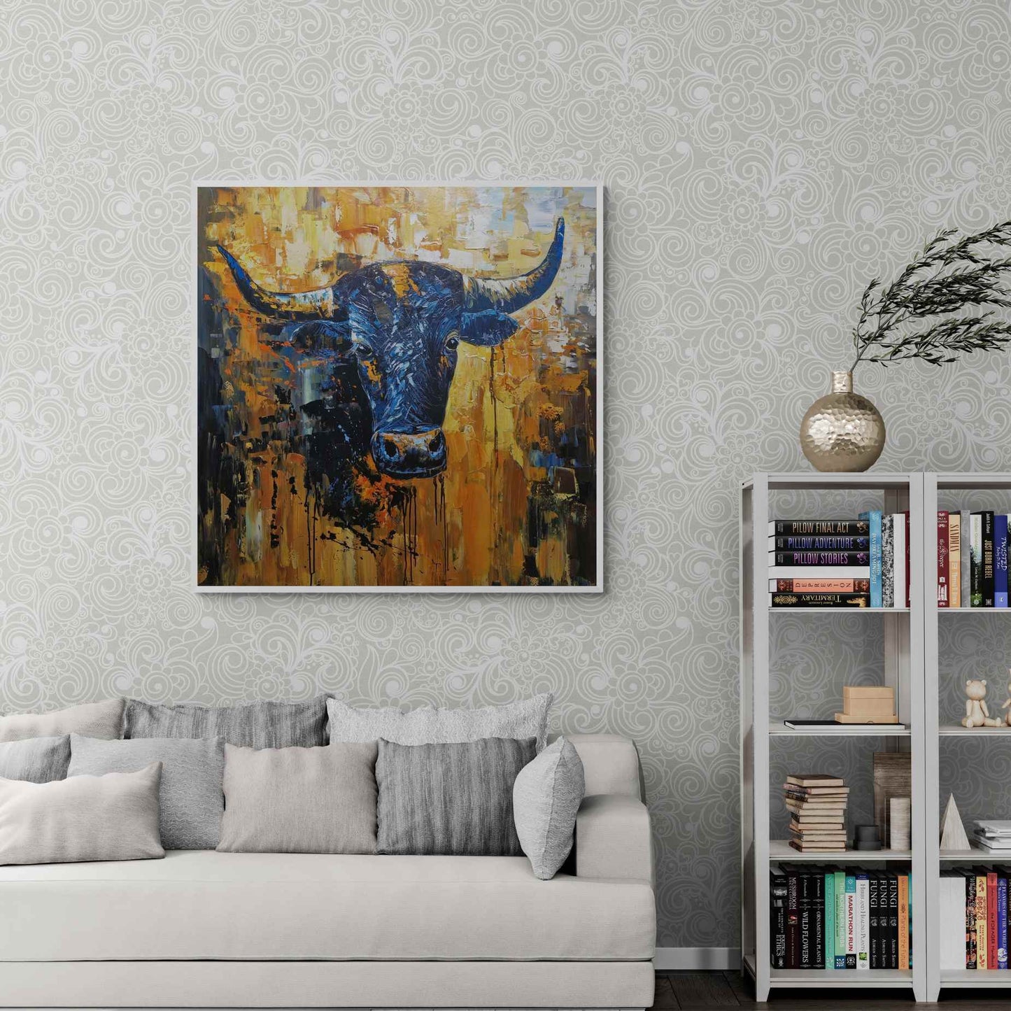 Arte decorativo de un toro imponente, con colores intensos y textura en relieve, perfecto para ambientes modernos.