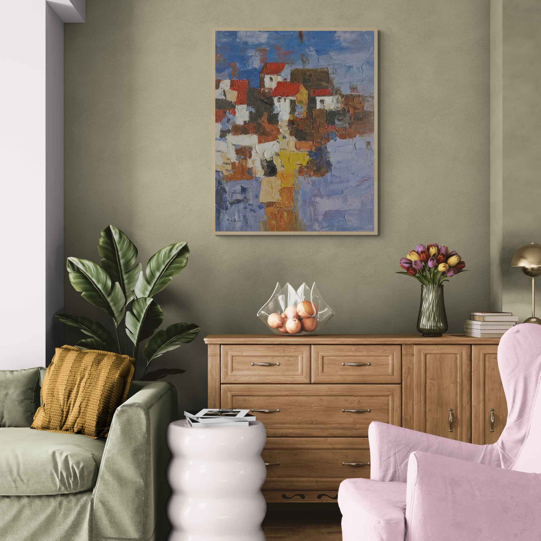 Obra de arte urbana pintada a mano con espátula, ideal para decoración moderna y rústica.