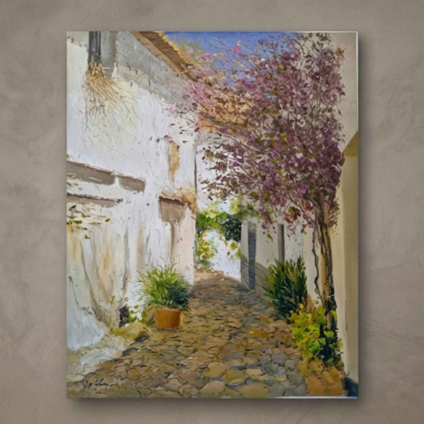 Cuadro al óleo pintado a mano de calle mediterránea con buganvilla