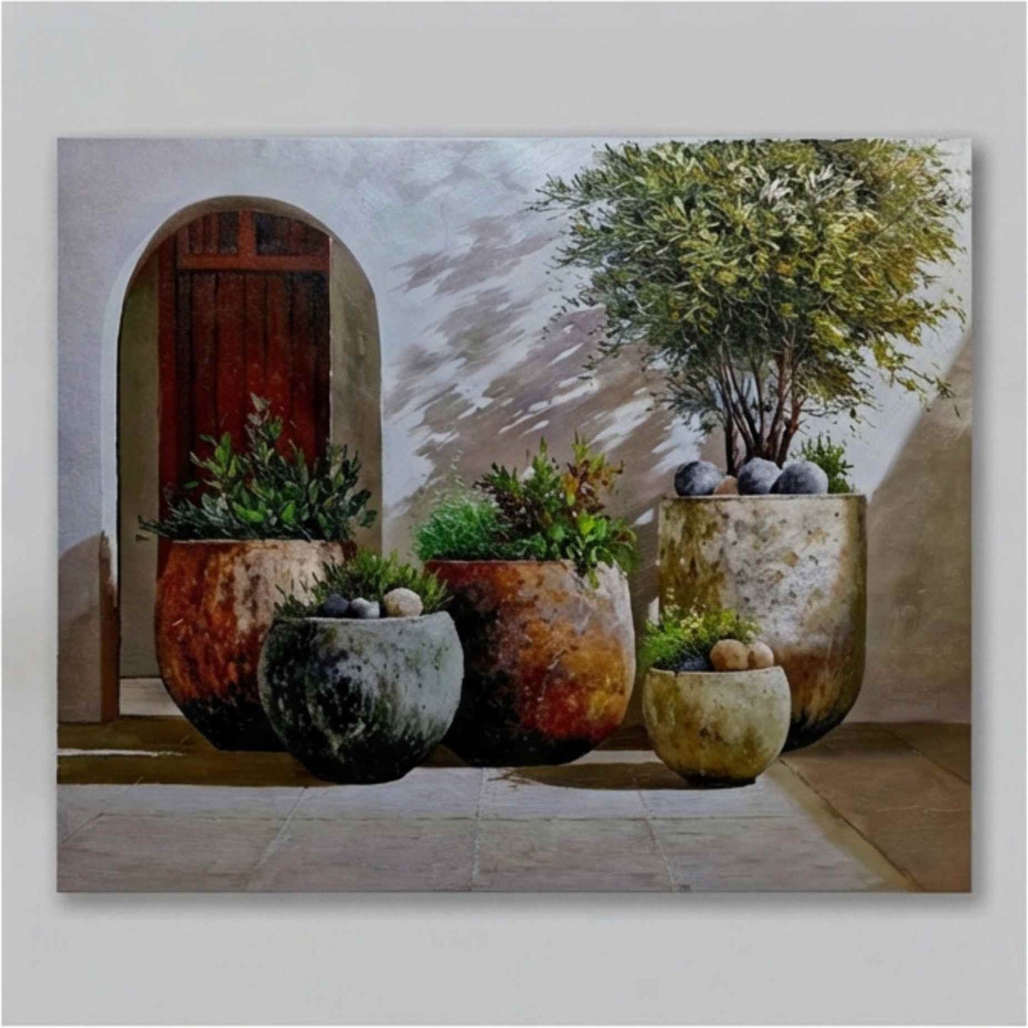 Pintura al óleo de patio mediterráneo con macetas y plantas verdes