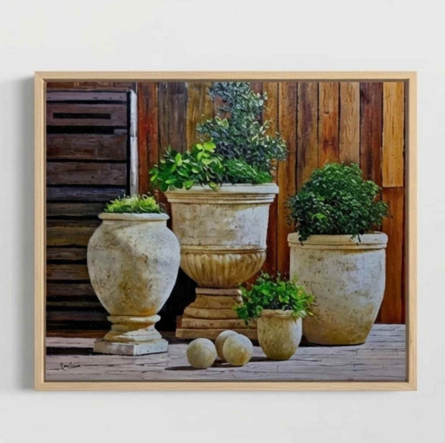 Cuadro al óleo de macetas rústicas con plantas decorativas