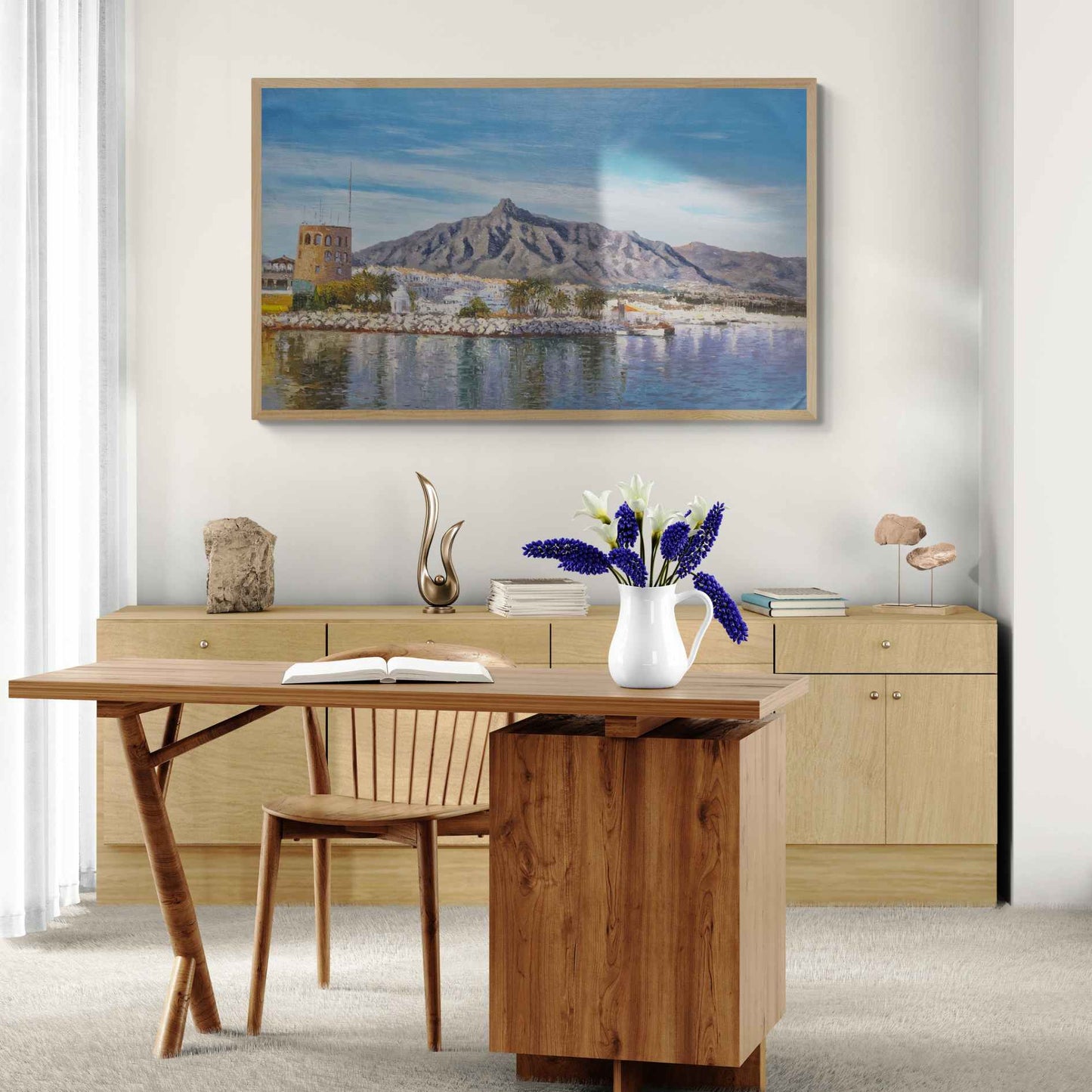Pintura realista del puerto de Marbella hecha a mano