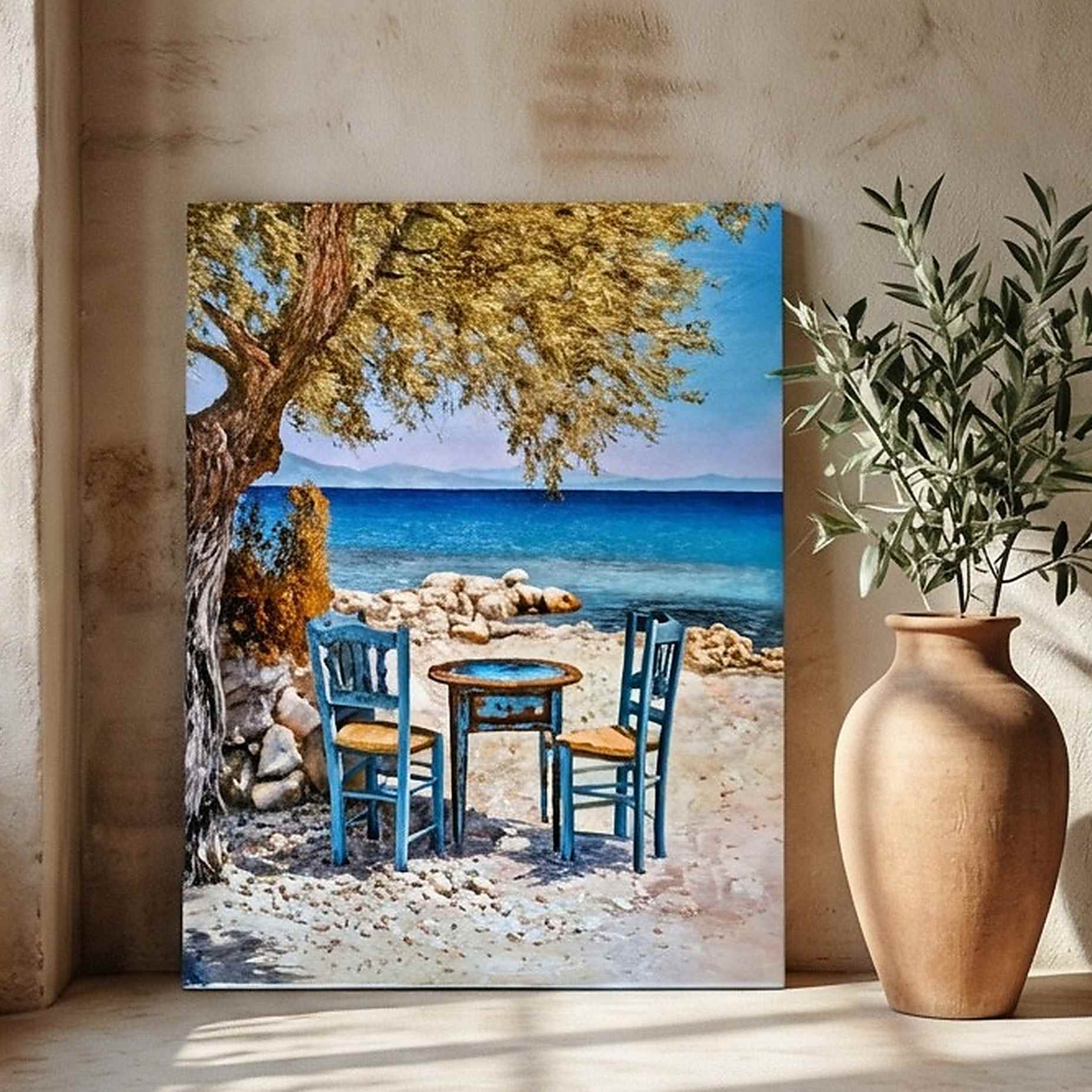 Cuadro al óleo pintado a mano terraza frente al mar estilo mediterráneo
