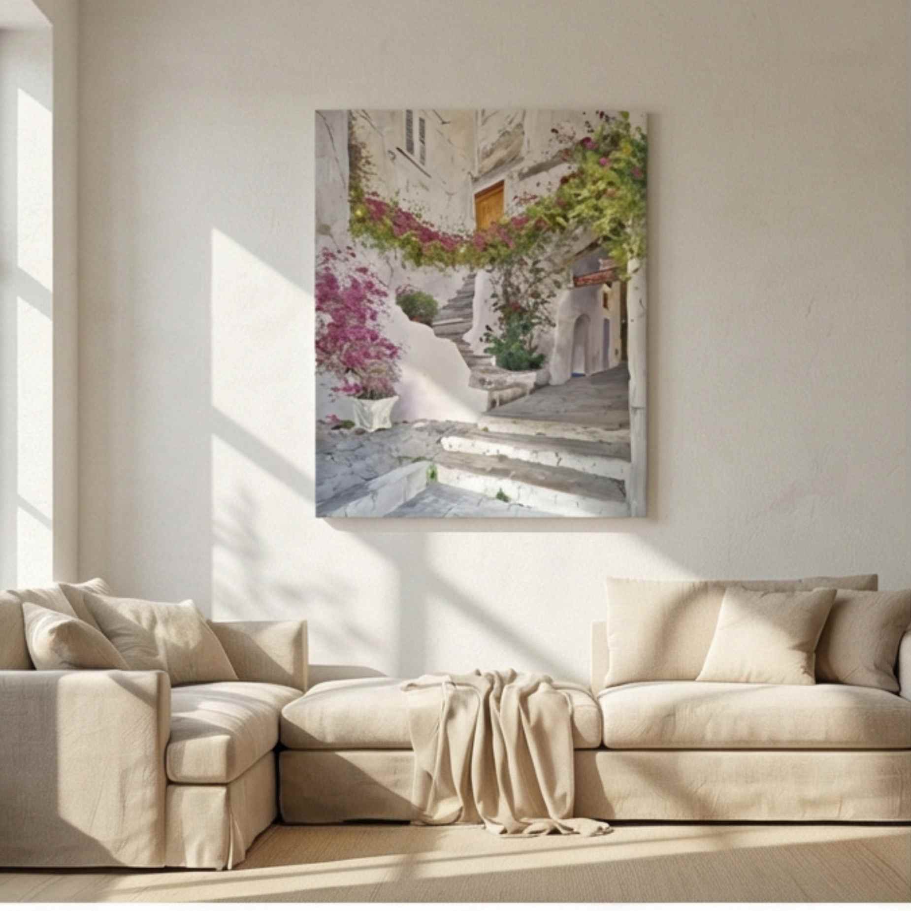 cuadro decorativo mediterráneo con flores rosas en escalera blanca