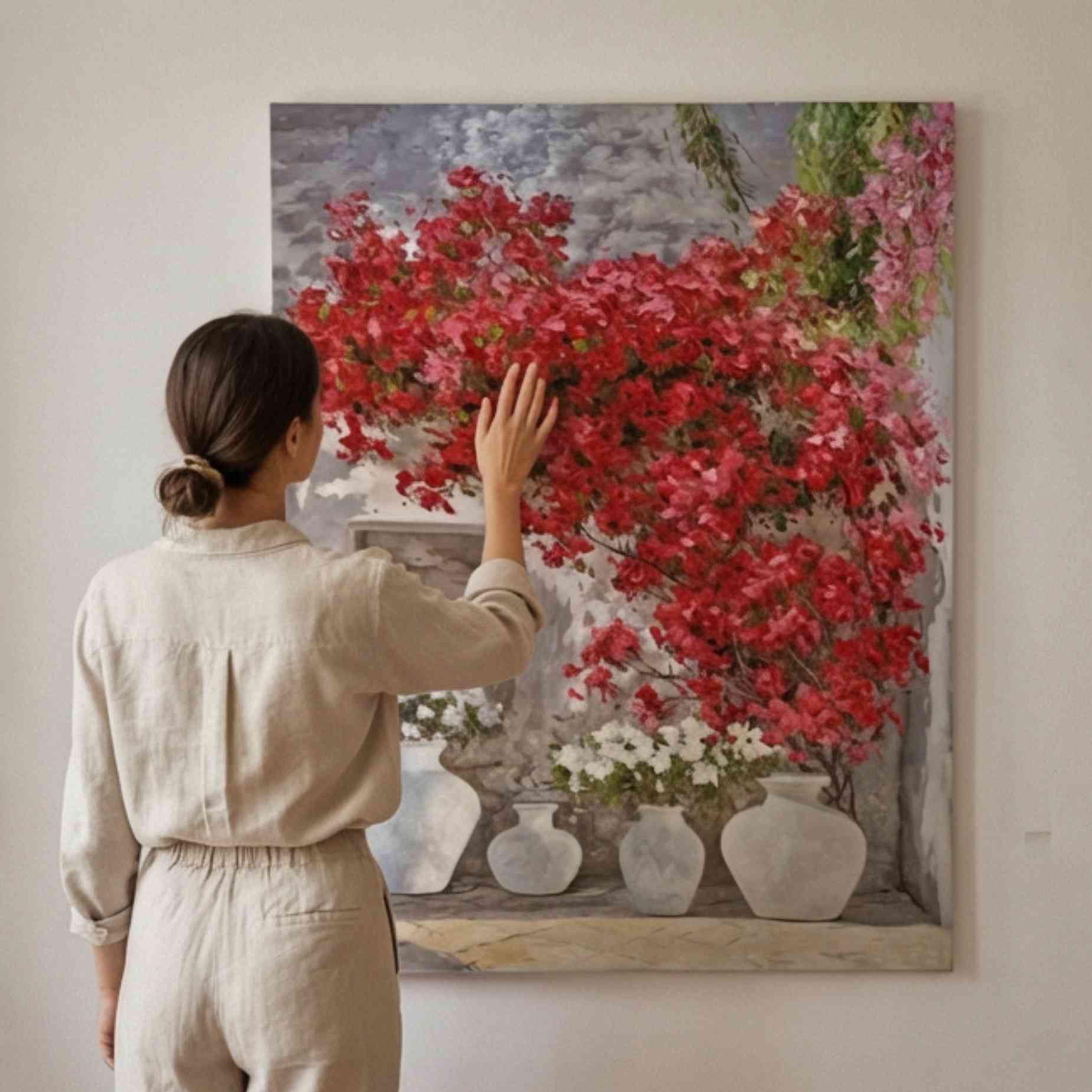 cuadro decorativo con flores rojas y jarrones blancos mediterráneos