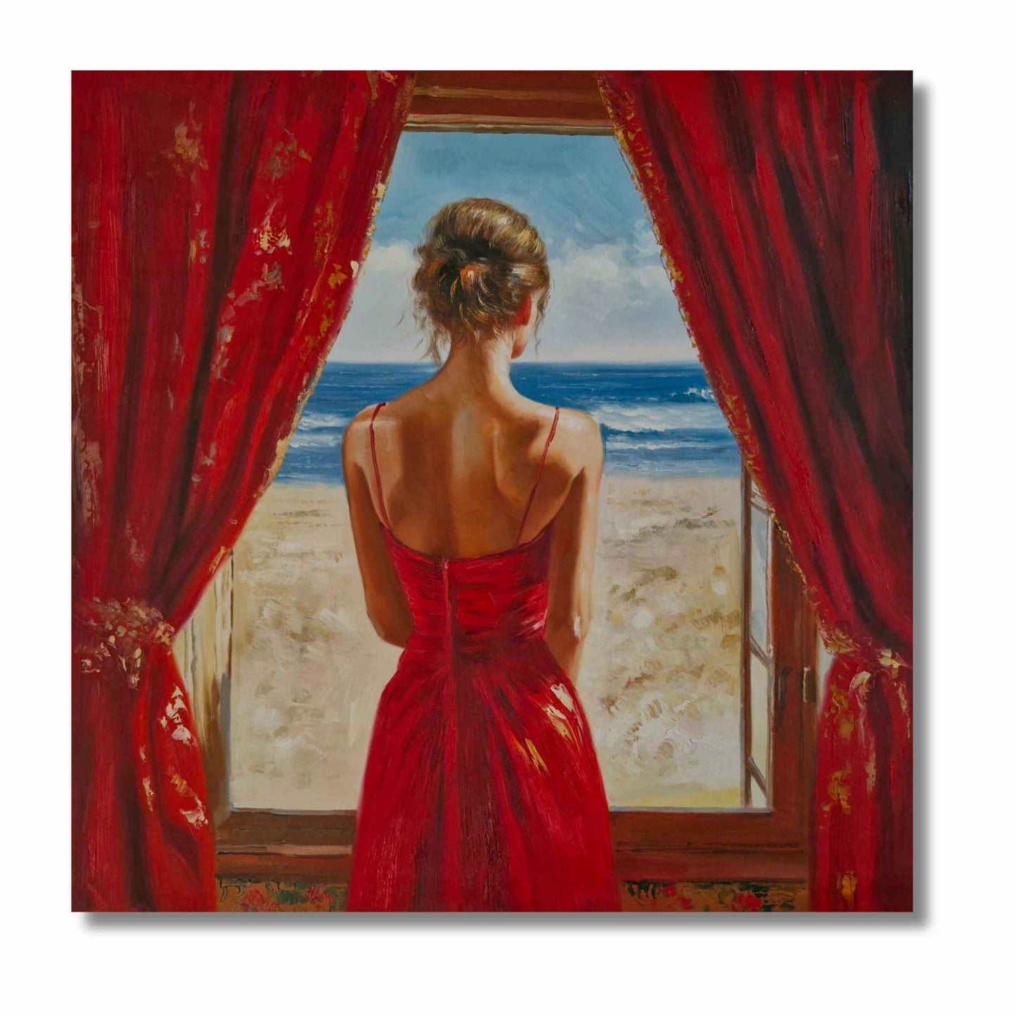 Cuadro artístico con mujer elegante mirando el océano