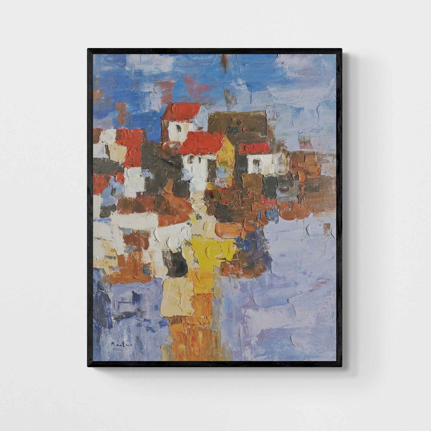 Cuadro al óleo de 100x80 cm con un pueblo reflejado en el agua, pintado a mano con espátula y colores vibrantes.