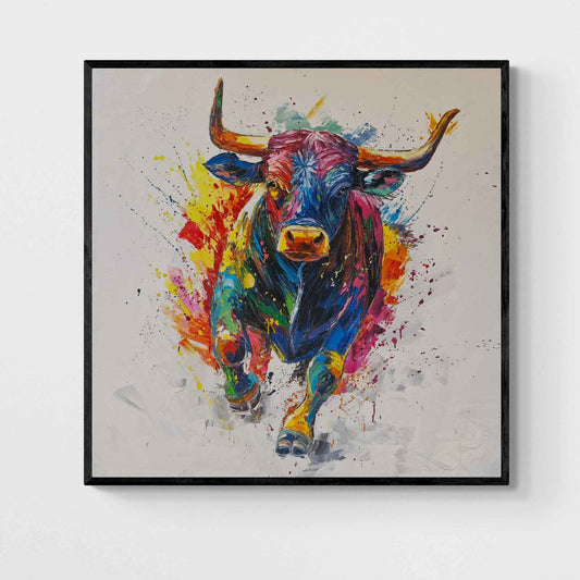 Cuadro al óleo de toro multicolor pintado a mano

