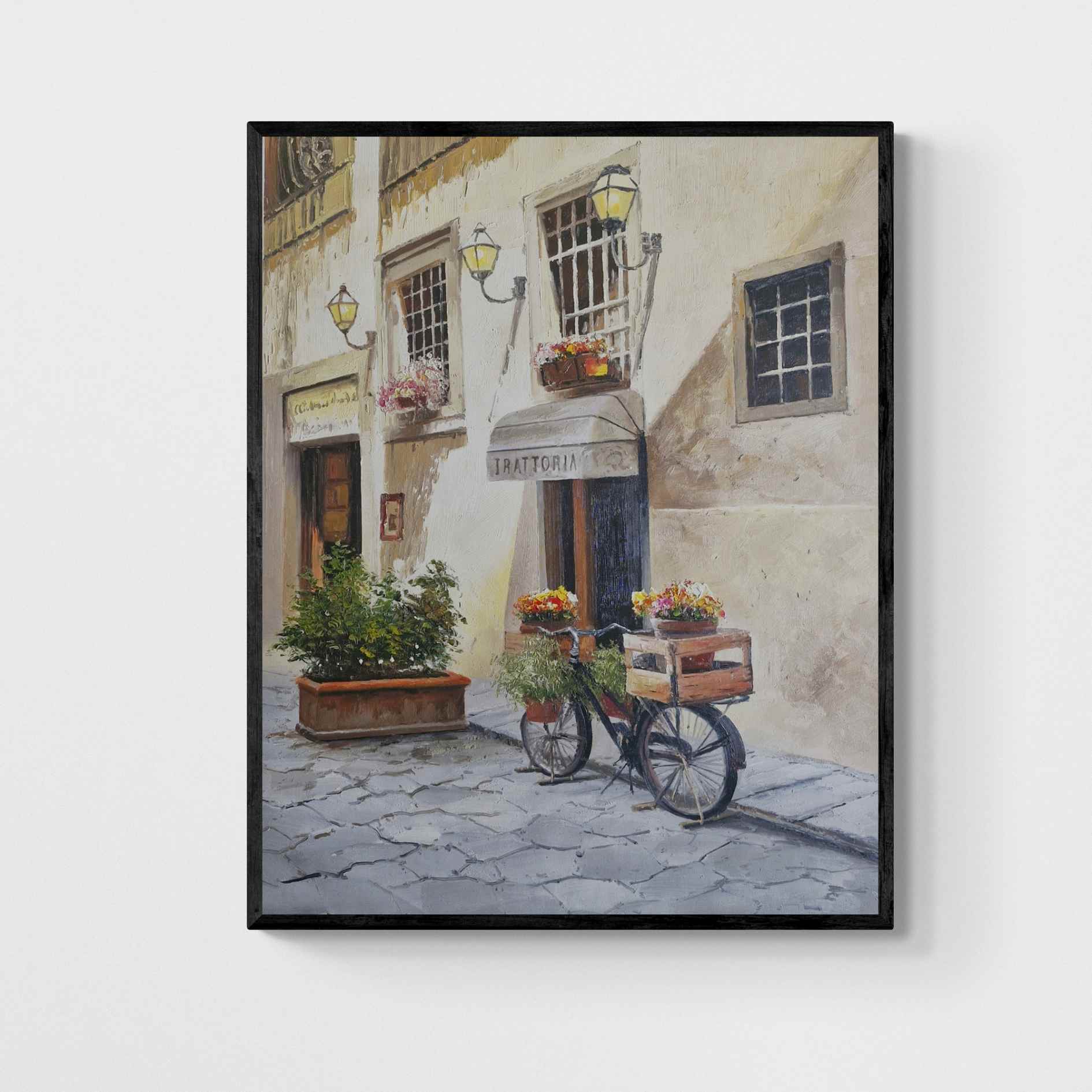 Cuadro al óleo de trattoria italiana con bicicleta