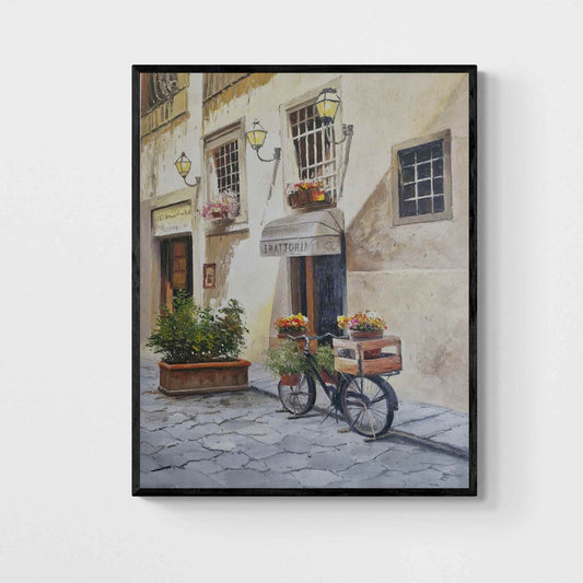 Cuadro al óleo de trattoria italiana con bicicleta