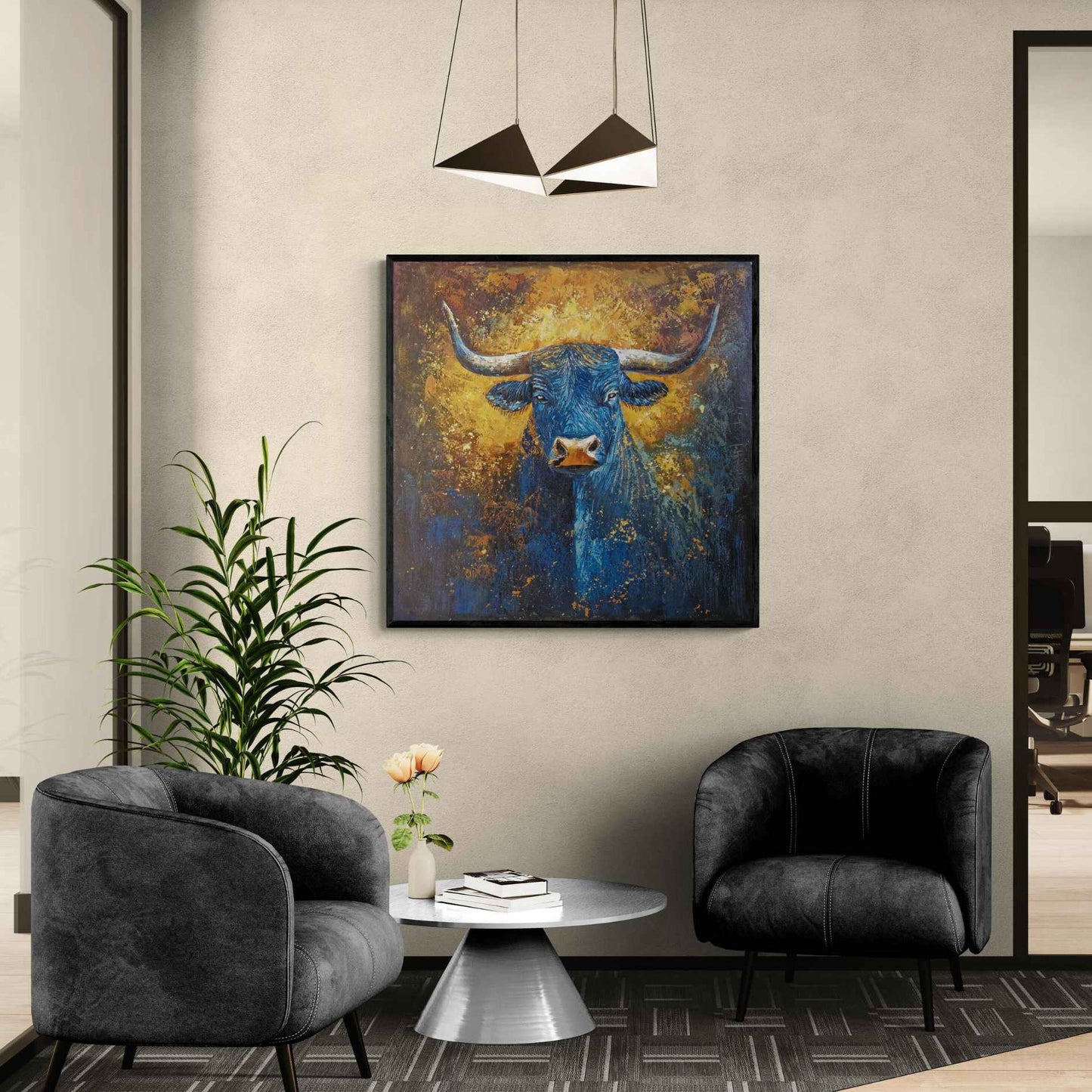 Cuadro moderno de toro azul con fondo calido