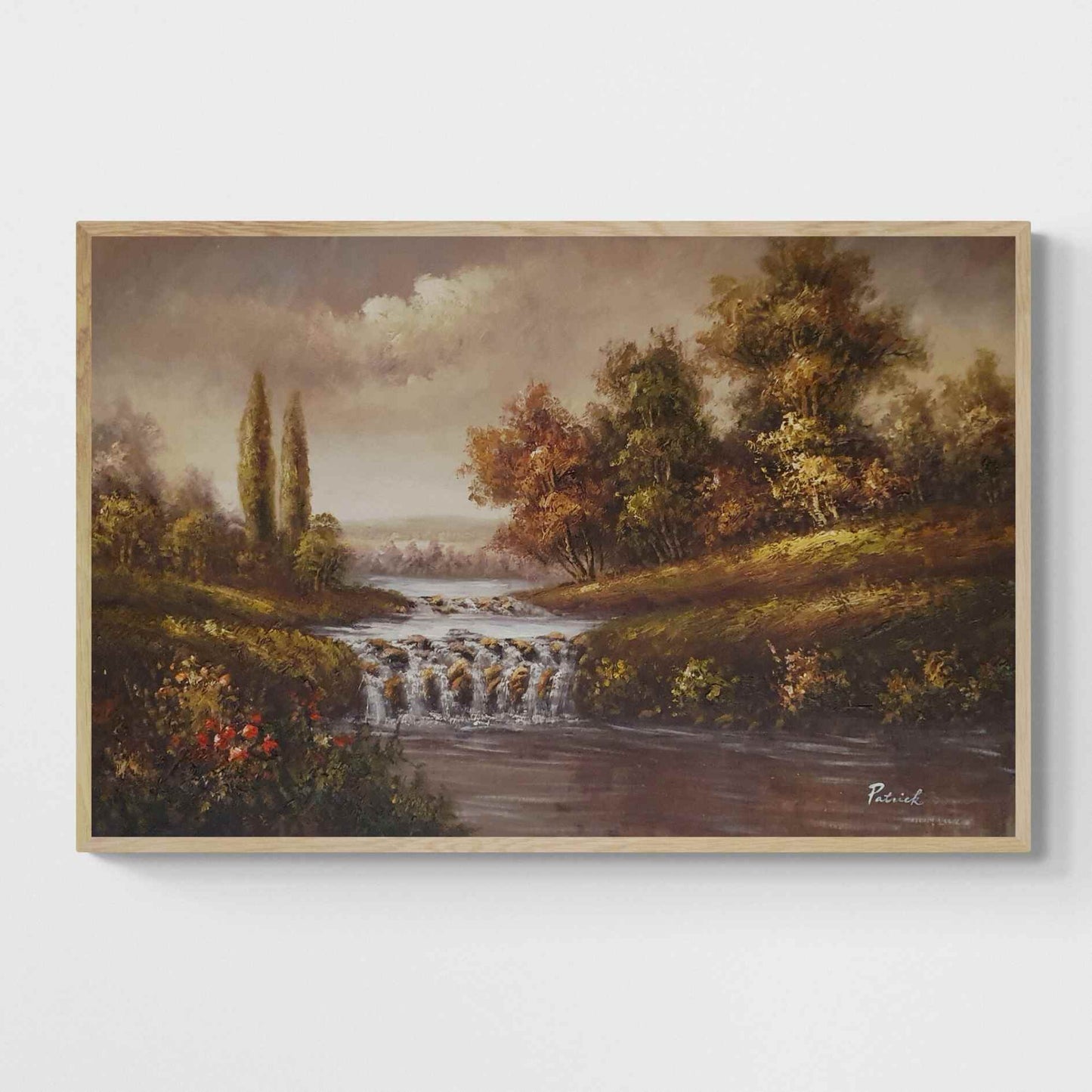 Cuadro al óleo pintado a mano con cascada y árboles