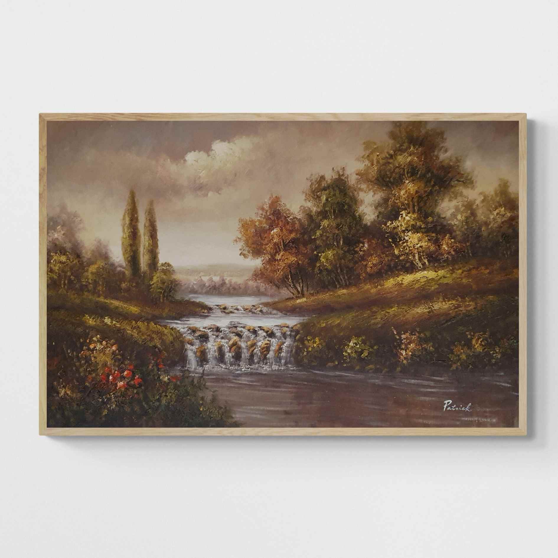Cuadro al óleo pintado a mano con cascada y árboles