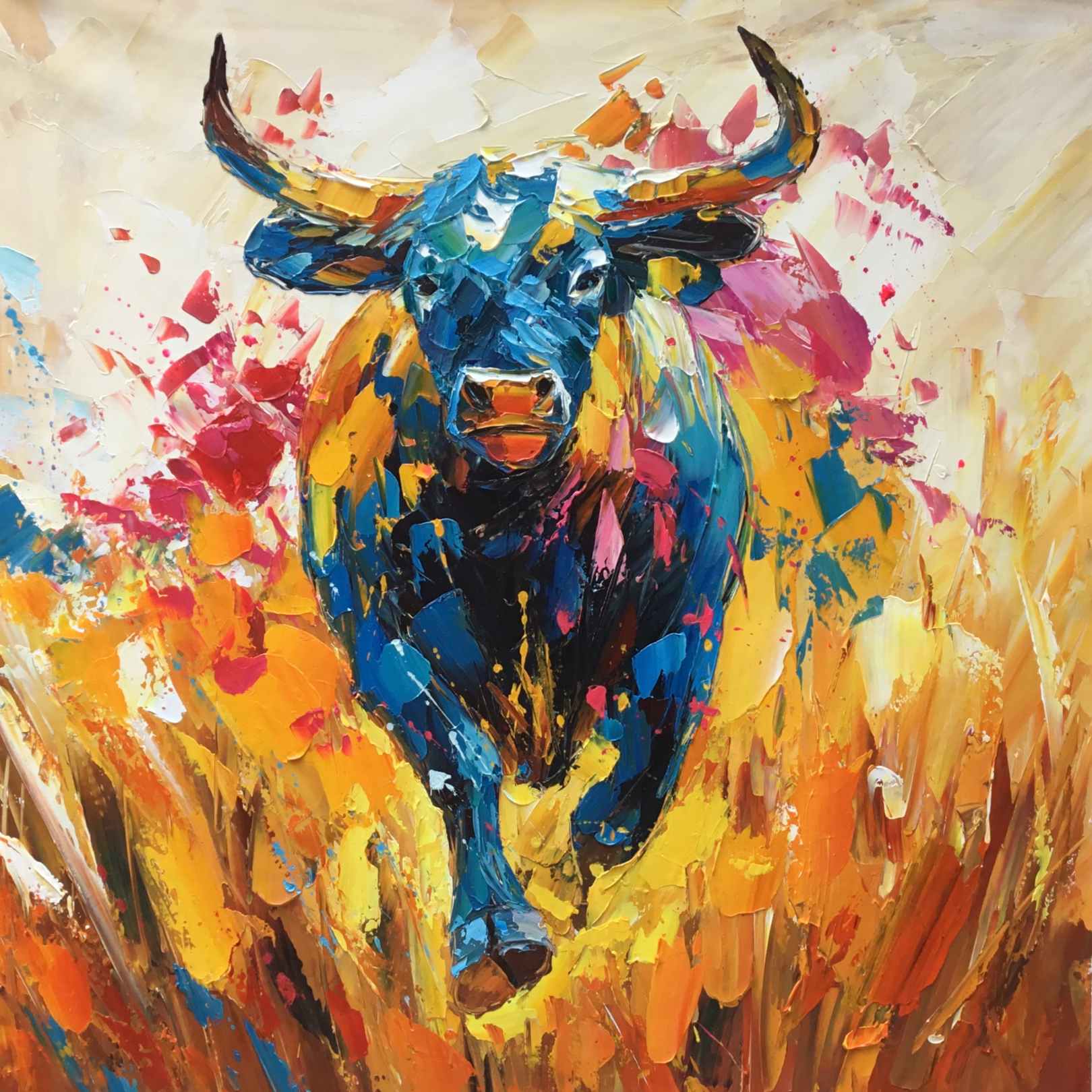 cuadro al oleo toro bravo abstracto moderno agresivo colores