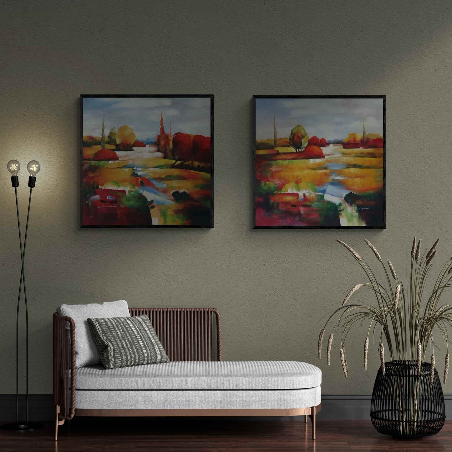 cuadro en pareja al óleo pintado a mano de paisaje moderno