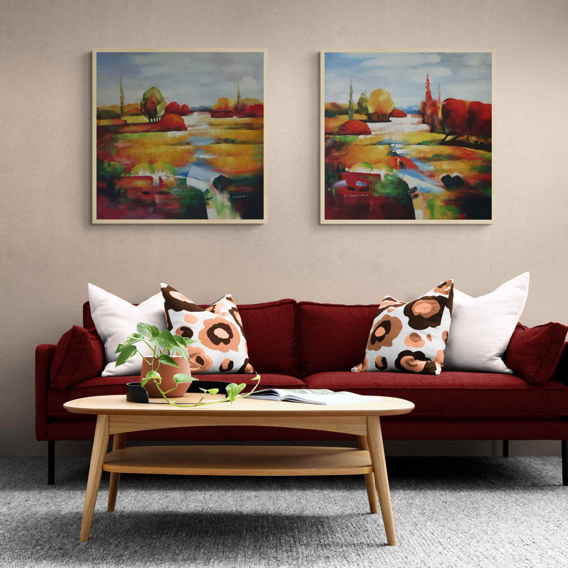 cuadro en pareja al óleo pintado a mano de paisaje moderno