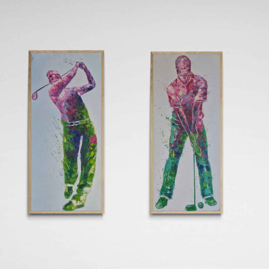 Set de cuadros al óleo de golfistas en acción