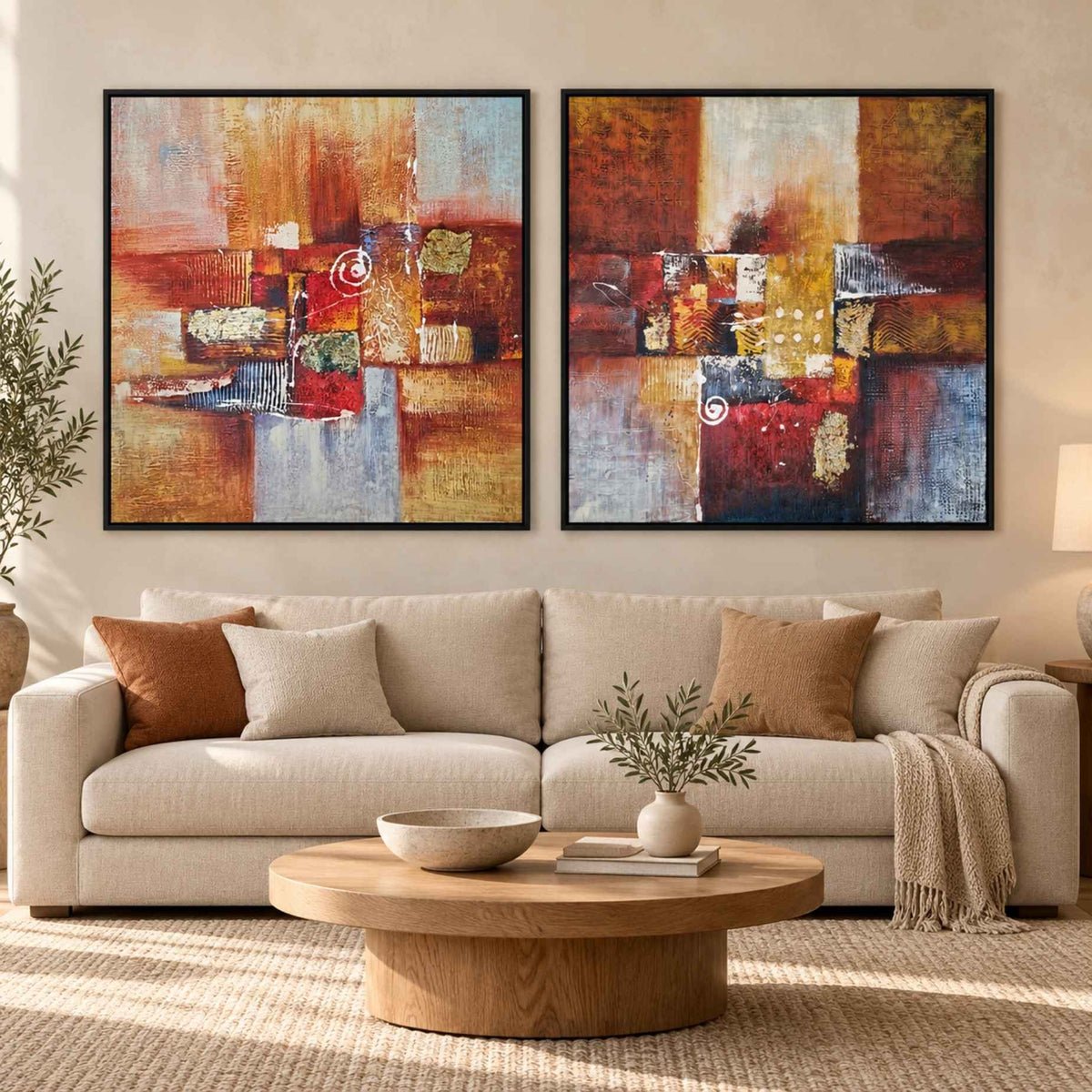 Díptico abstracto al óleo pintado a mano, 2 piezas de 80 × 80 cm