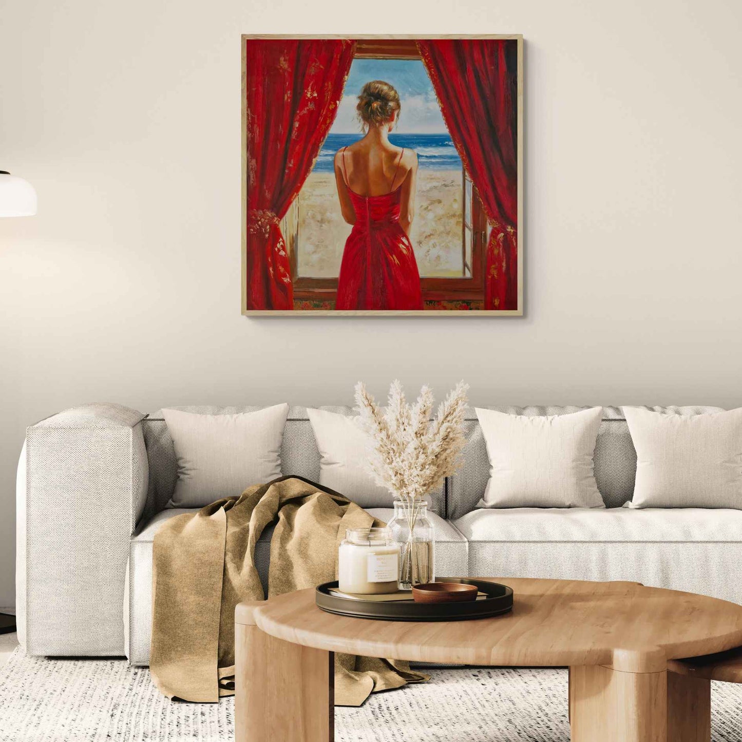 Pintura al óleo decorativa de dama de espaldas en ventana