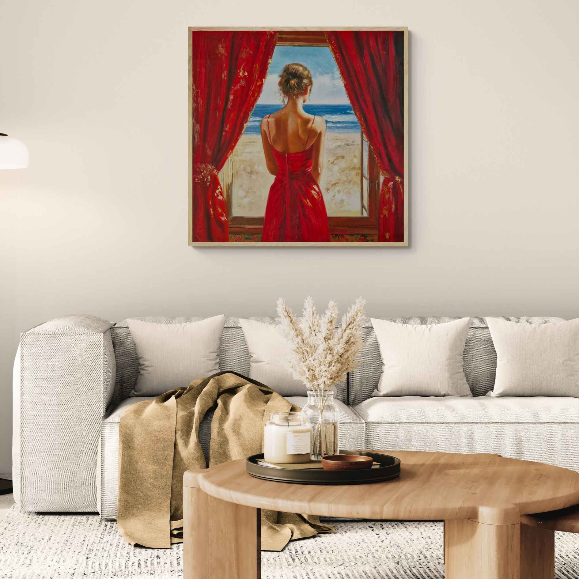 Pintura al óleo decorativa de dama de espaldas en ventana