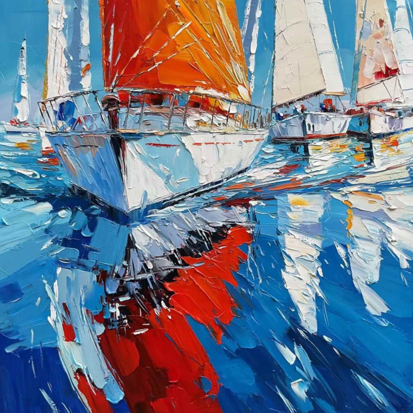 Cuadro artístico de veleros en regata sobre fondo azul

