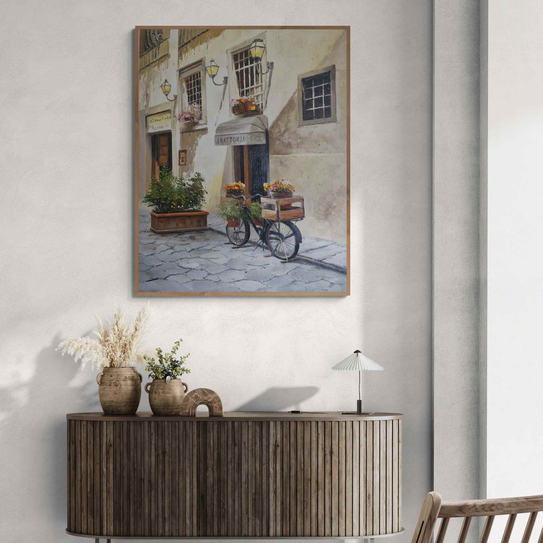 Obra al óleo de calle italiana con flores

