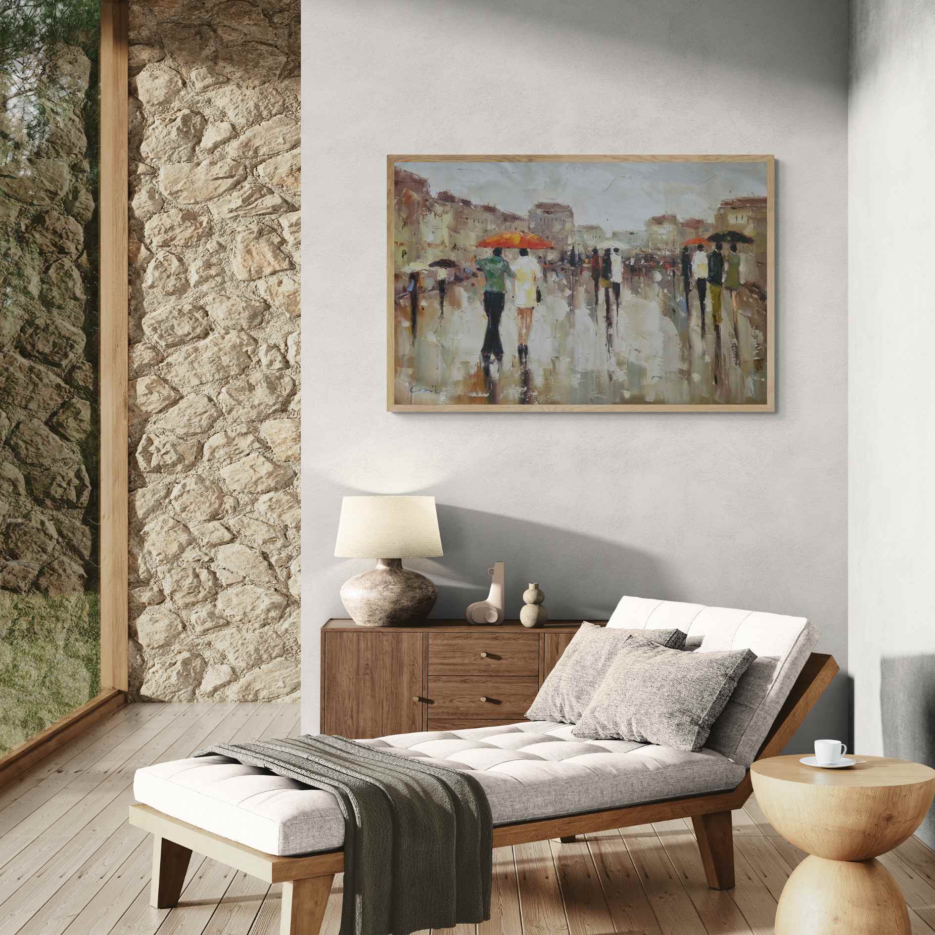 Pintura de ciudad lluviosa hecha a mano