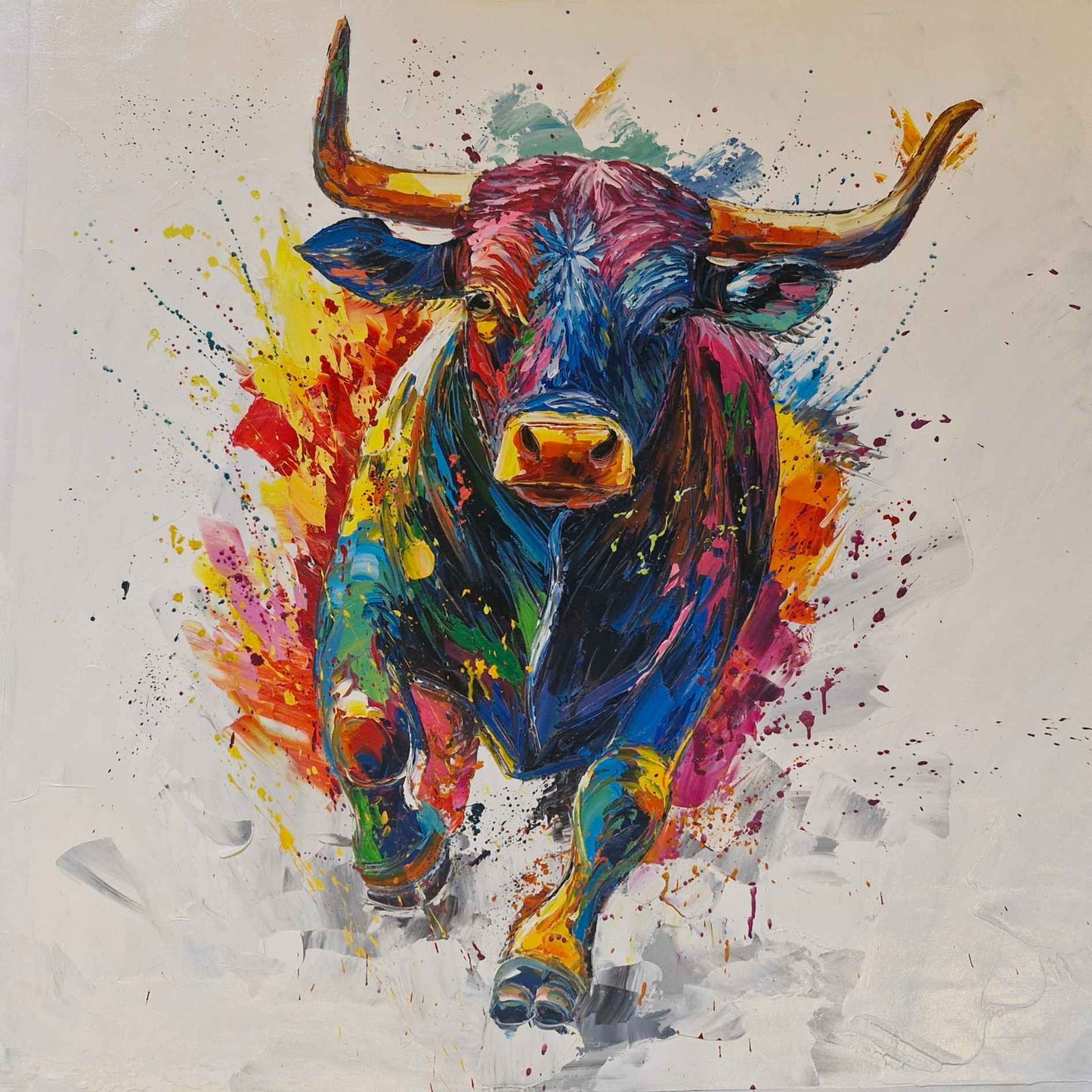 Arte contemporáneo con toro colorido sobre lienzo