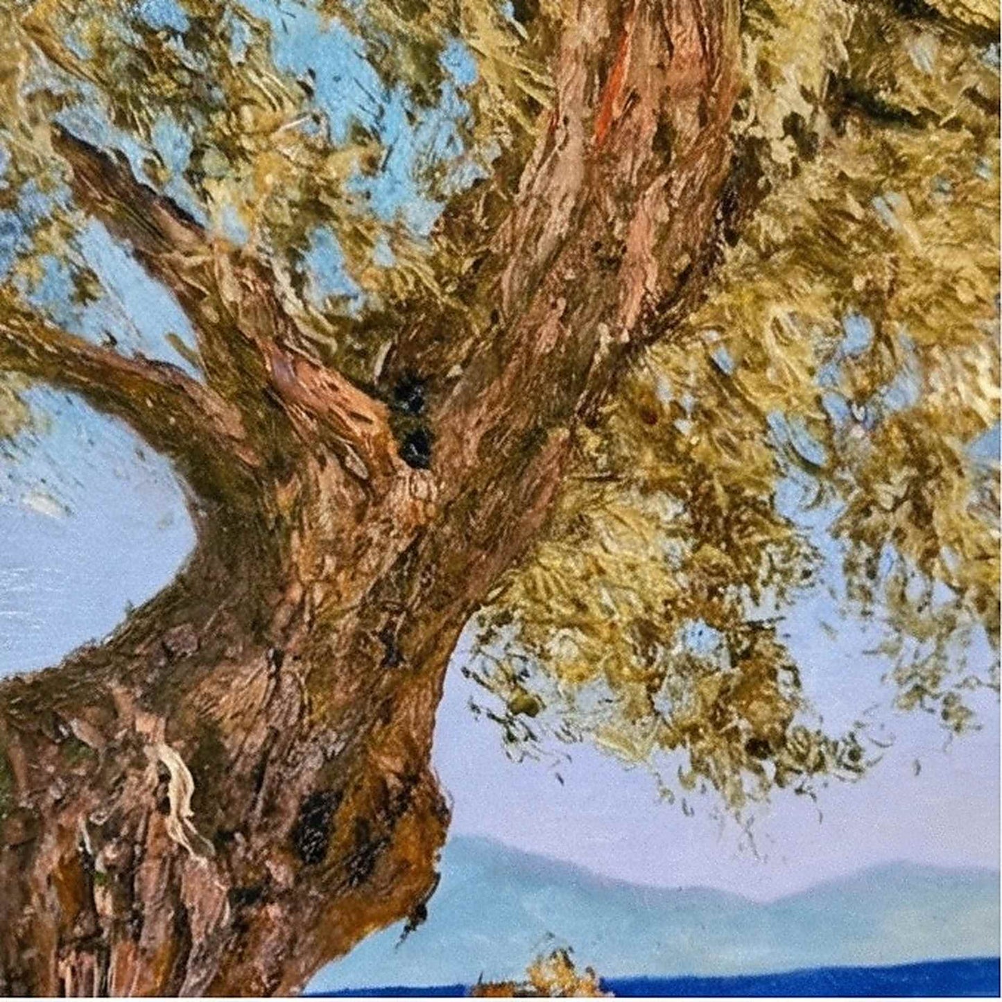 Lienzo artístico con terraza y mar azul pintura al óleo
