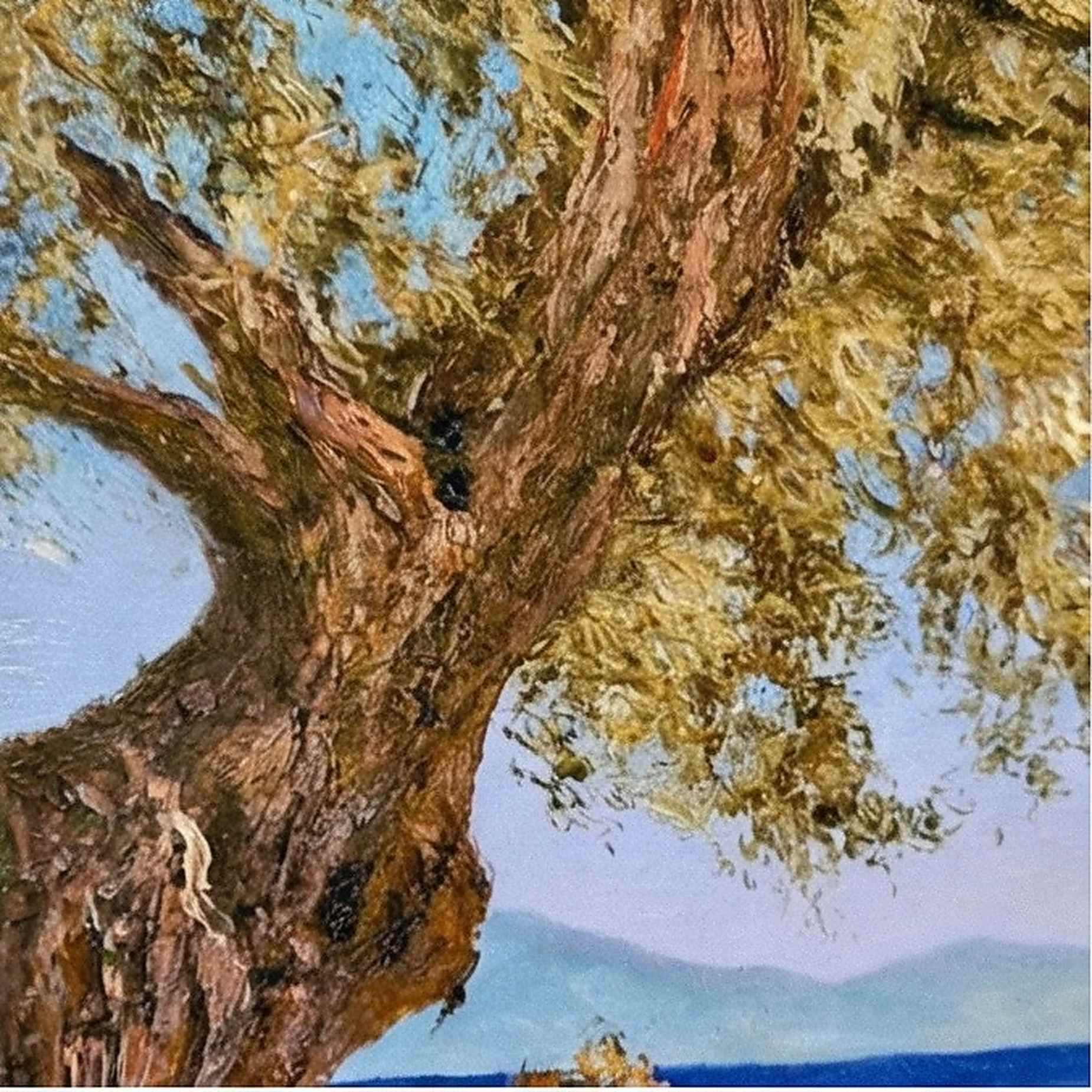 Lienzo artístico con terraza y mar azul pintura al óleo