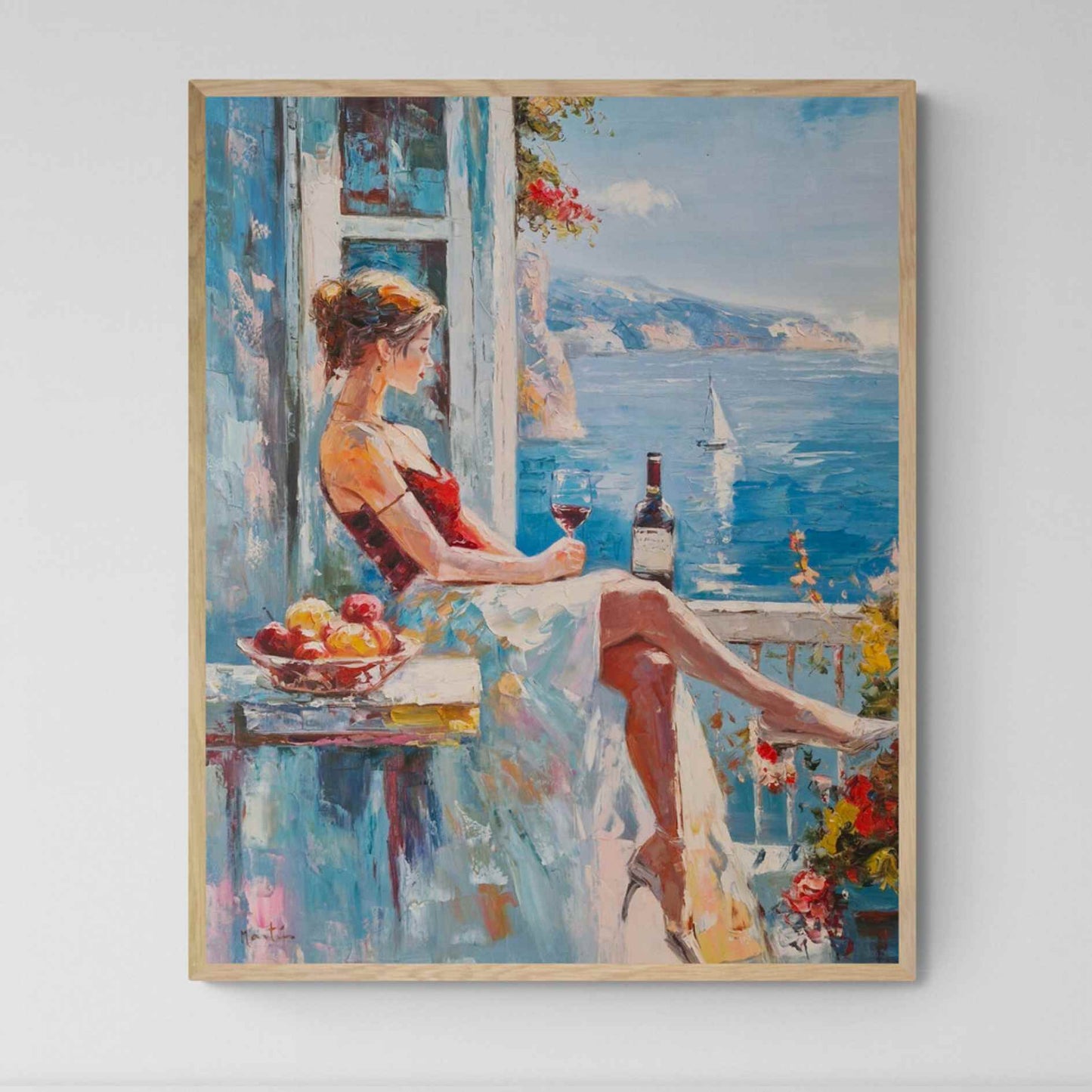 Mujer sentada con copa de vino frente al mar en pintura al óleo