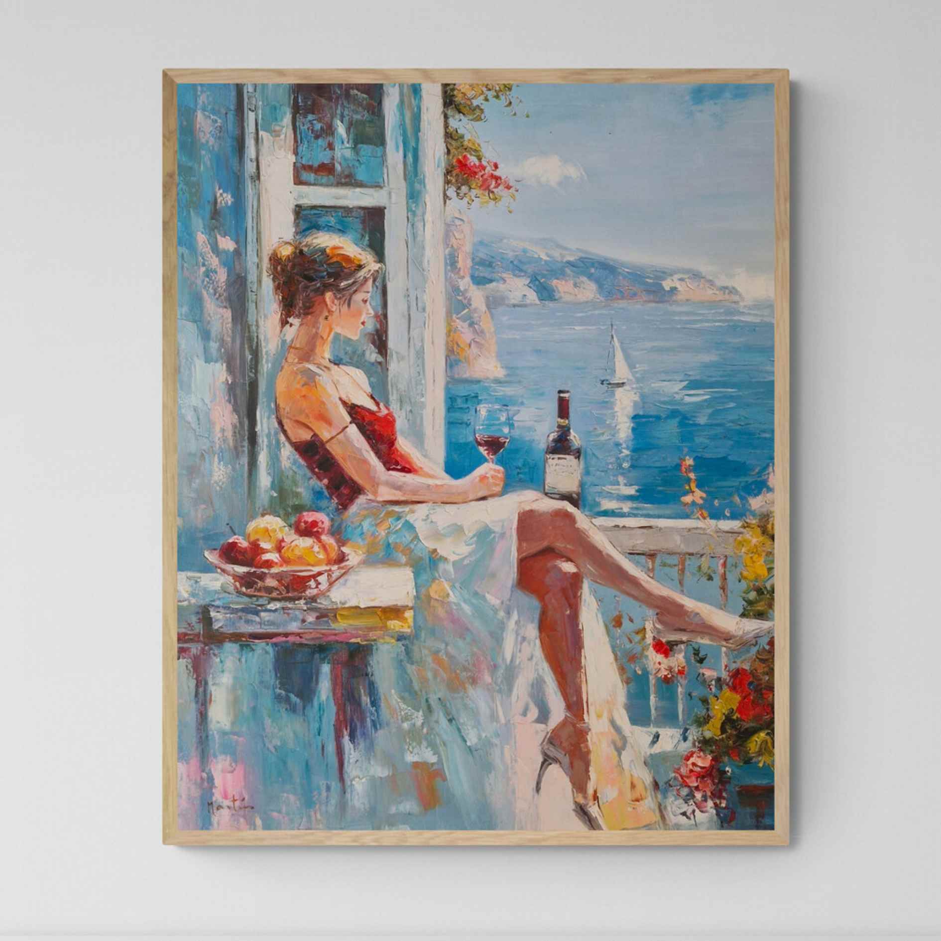 Mujer sentada con copa de vino frente al mar en pintura al óleo