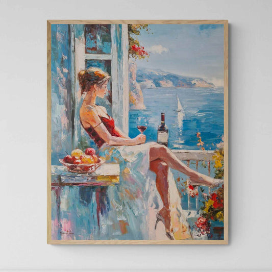 Mujer sentada con copa de vino frente al mar en pintura al óleo