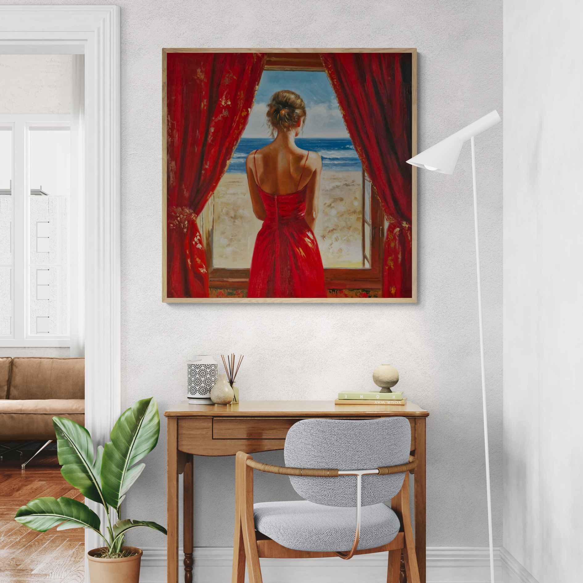Mujer en vestido rojo frente al mar vista desde una ventana