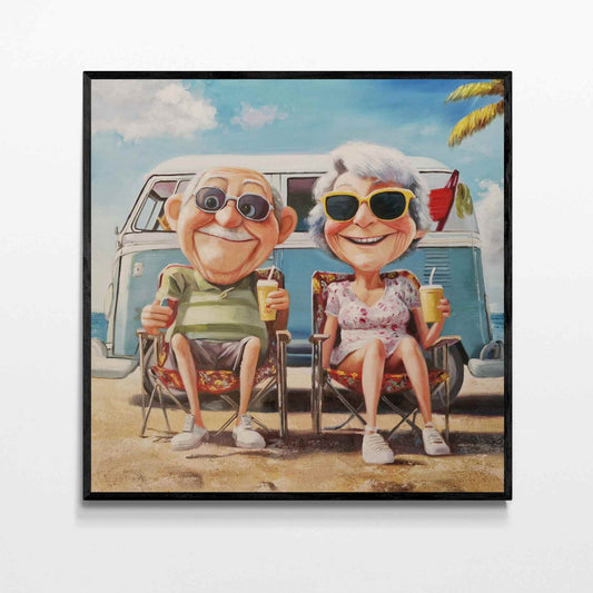 Cuadro al óleo de pareja feliz en la playa con fondo camper vintage