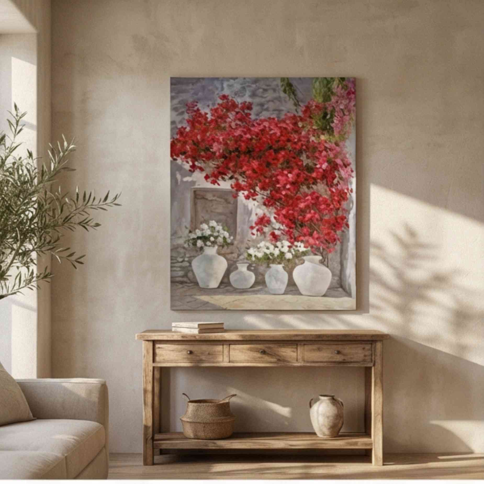 pintura al óleo de buganvillas rojas mediterráneas pintada a mano