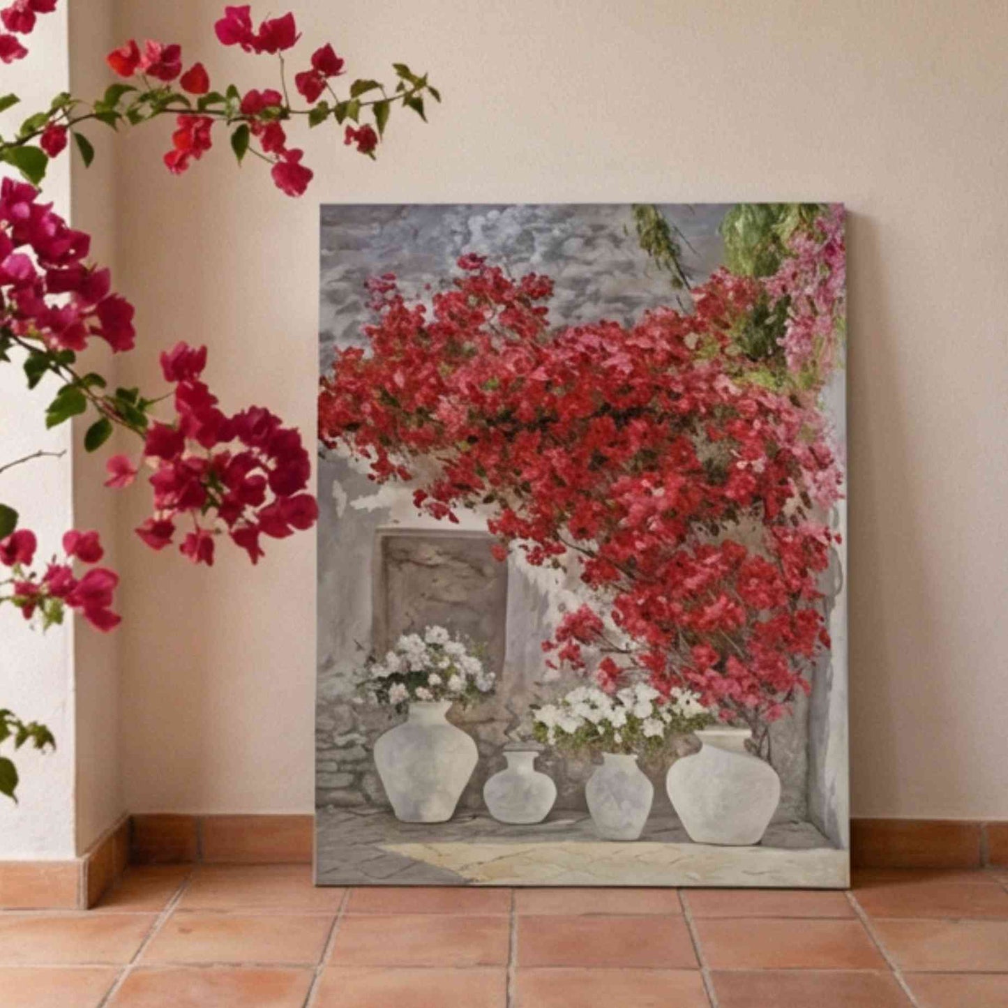pintura artística de buganvillas rojas sobre pared mediterránea