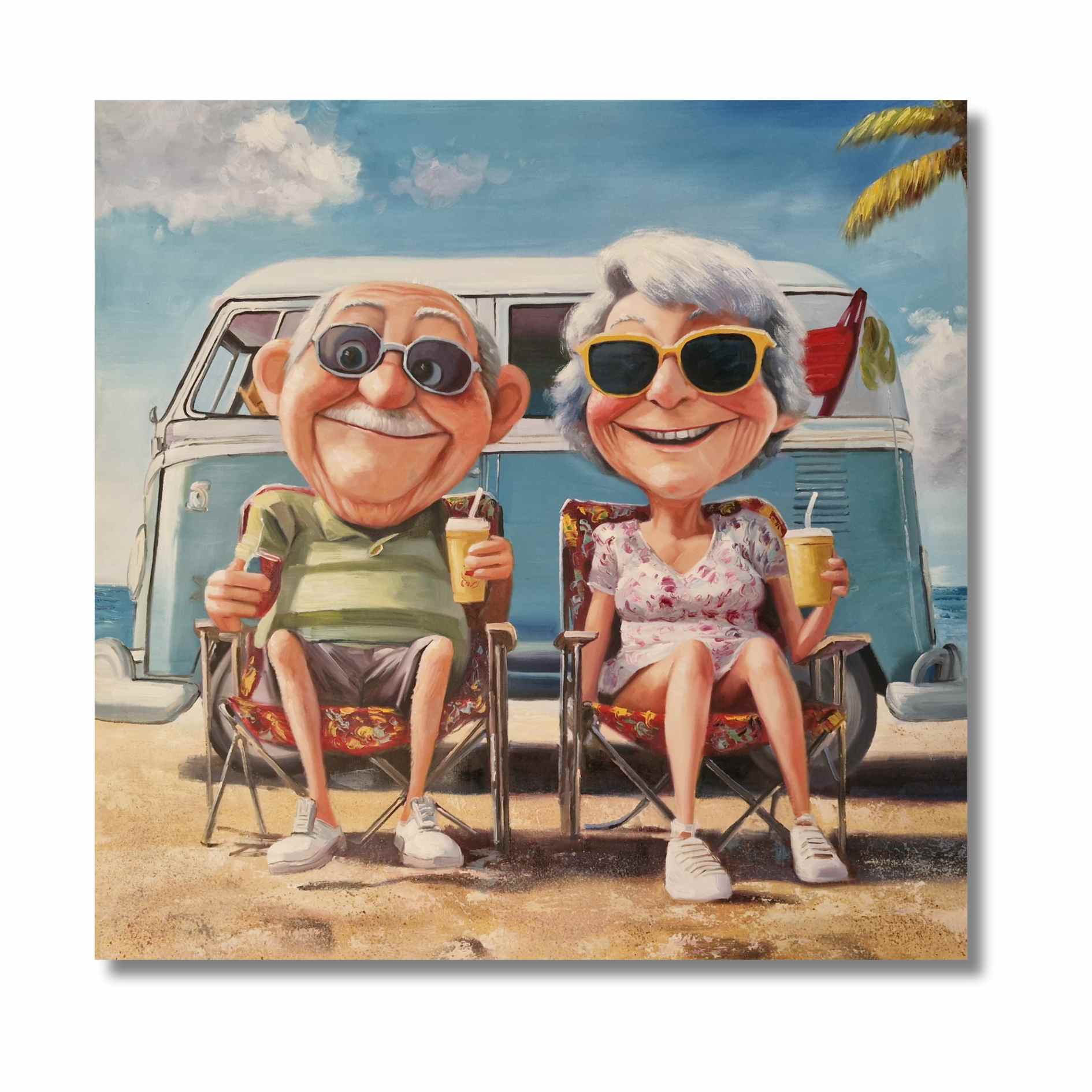 Obra de arte caricaturesca con pareja y bebidas en la playa