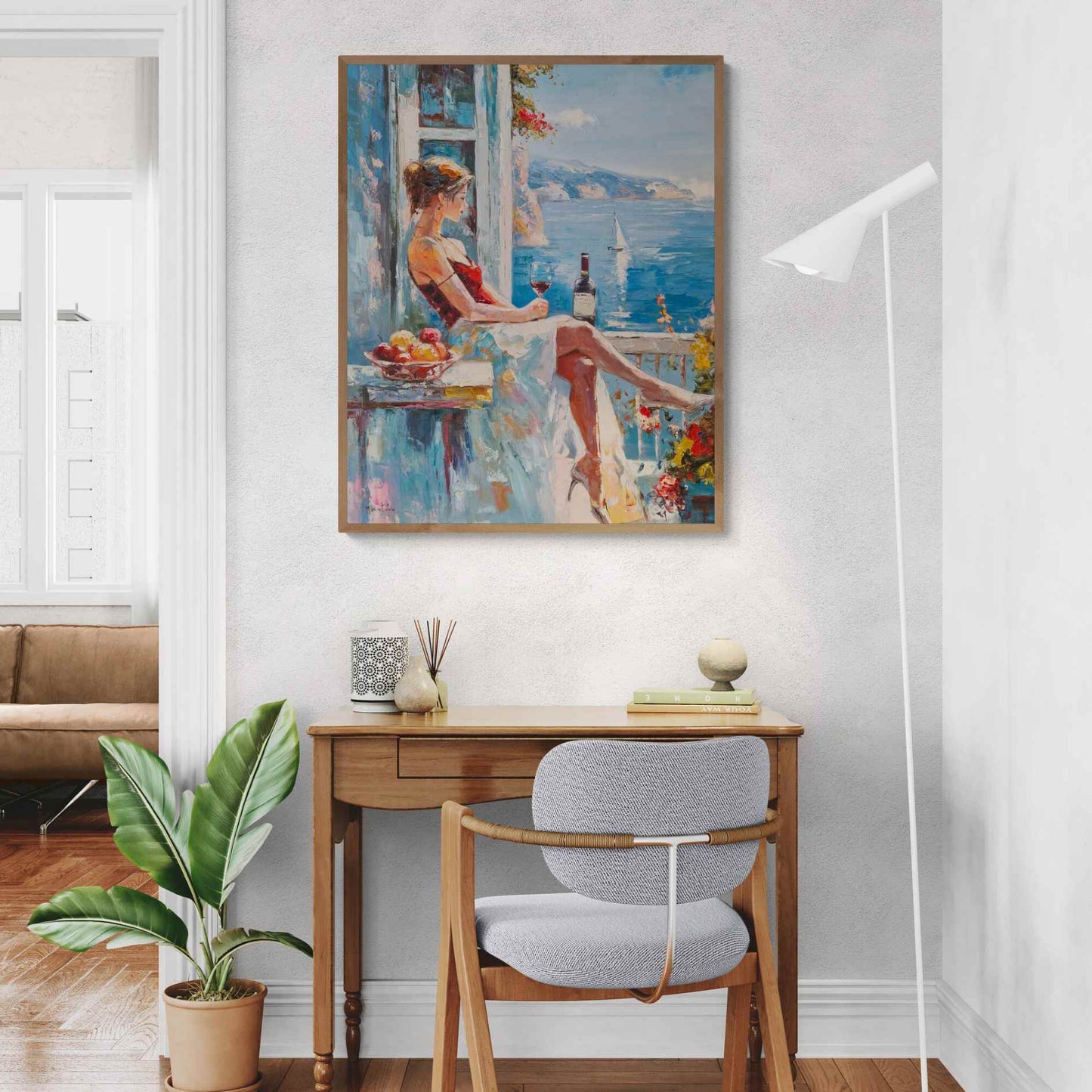 Pintura artesanal con paisaje costero y figura femenina