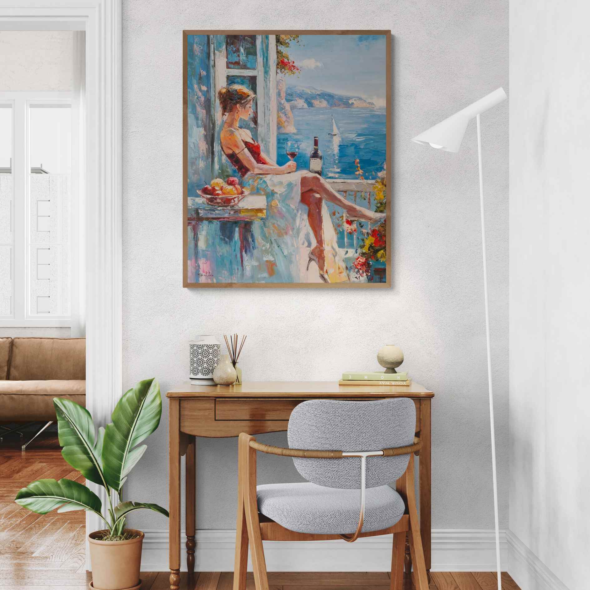 Pintura artesanal con paisaje costero y figura femenina