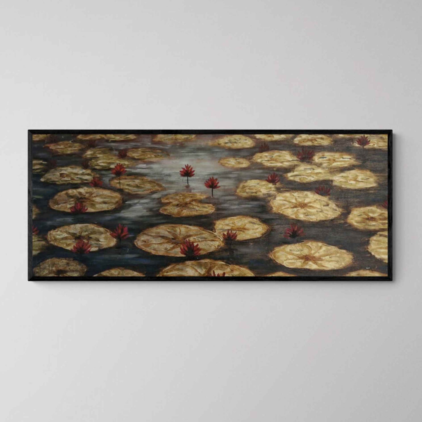 Pintura en lienzo de nenúfares y flores sobre agua

