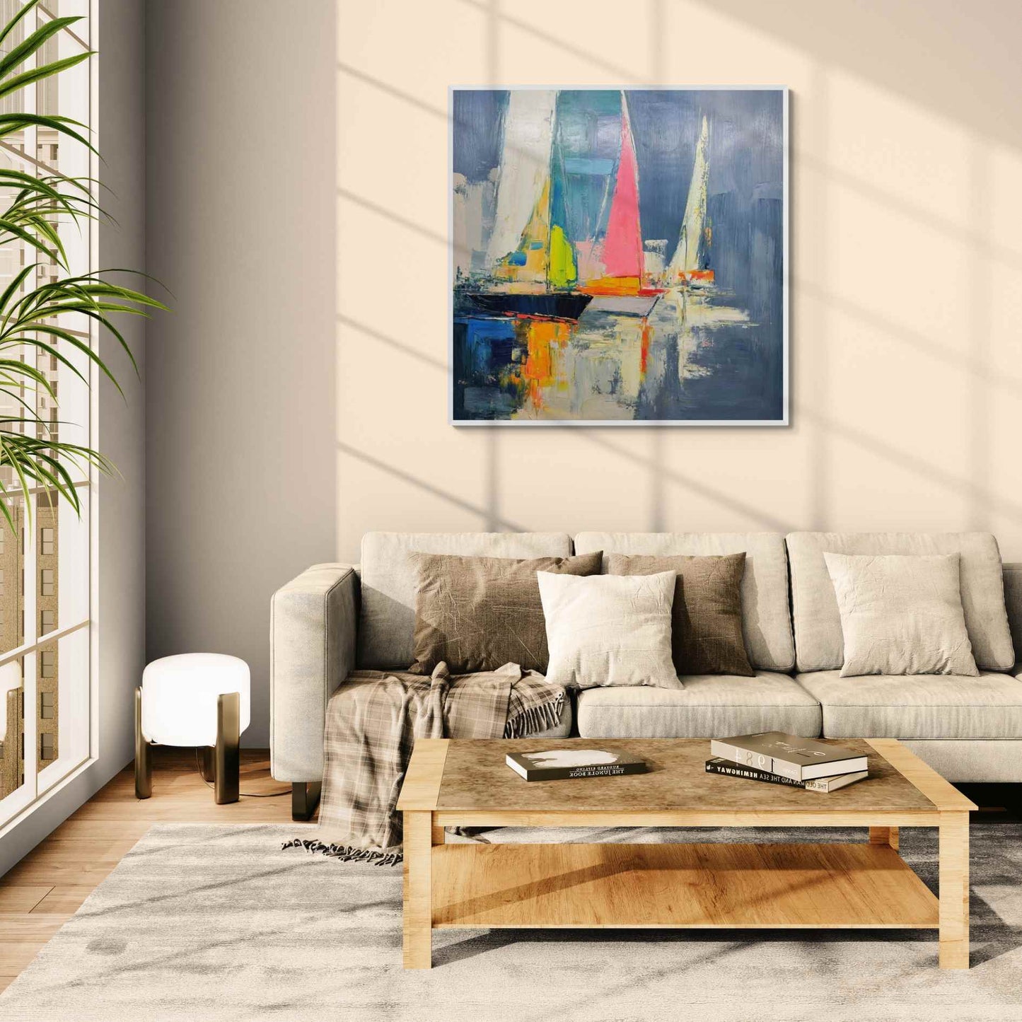 Pintura al óleo abstracta de barcos sobre el agua