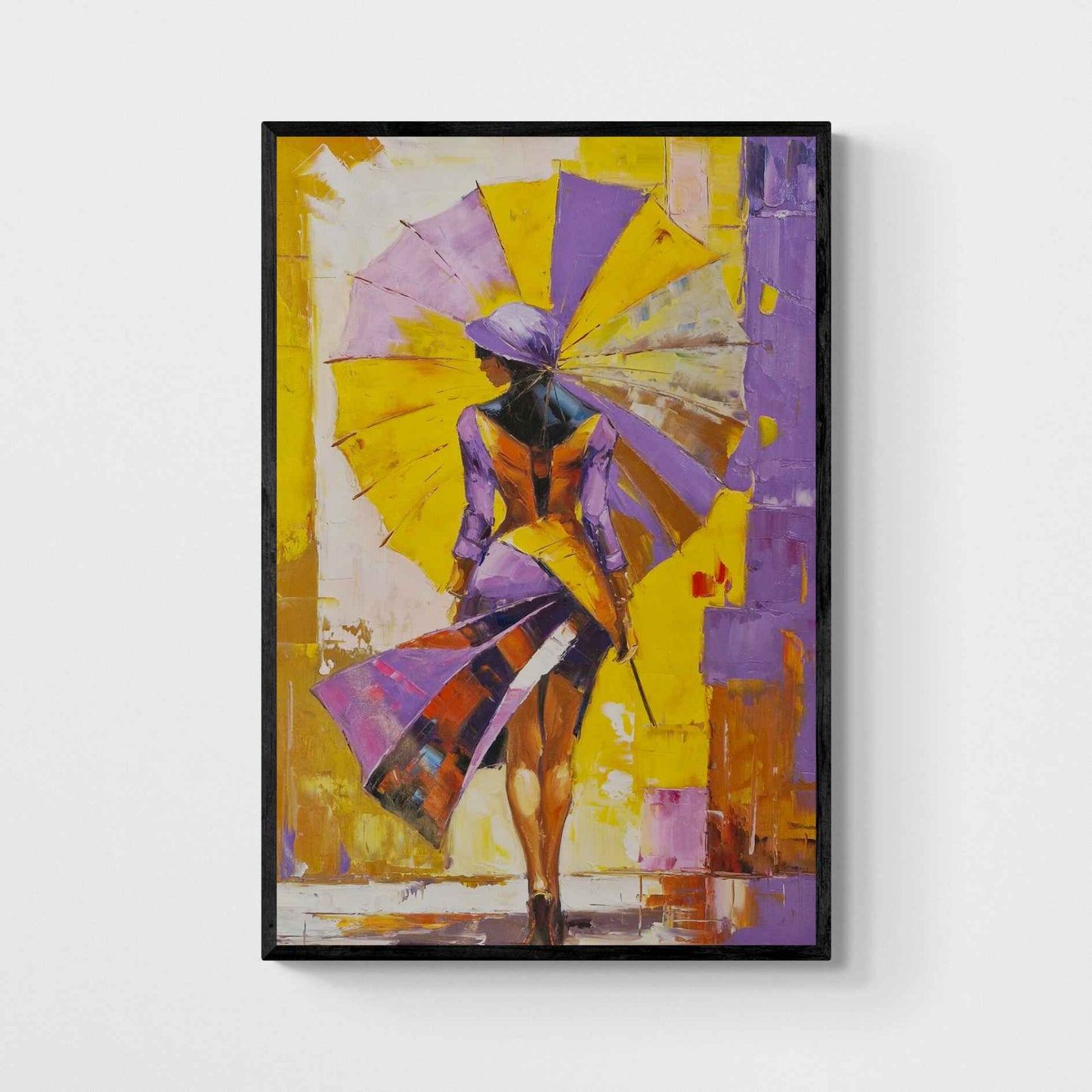 Pintura al óleo de mujer con sombrilla caminando en colores vibrantes
