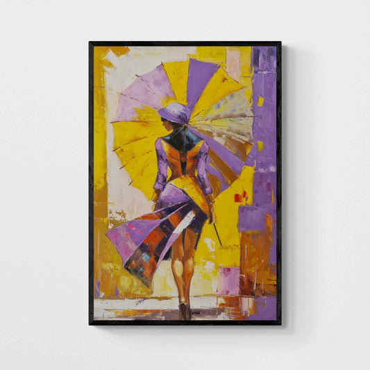 Pintura al óleo de mujer con sombrilla caminando en colores vibrantes