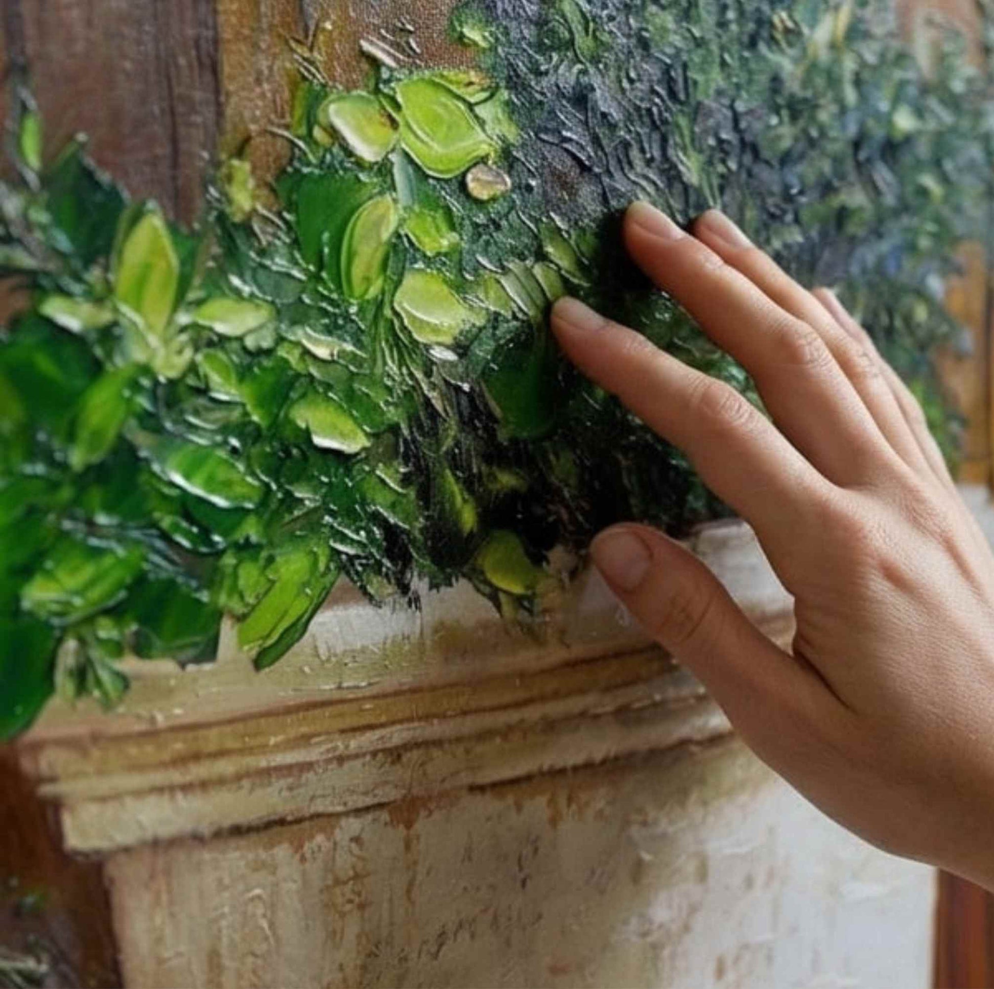 Pintura al óleo bodegón de macetas en jardín rústico