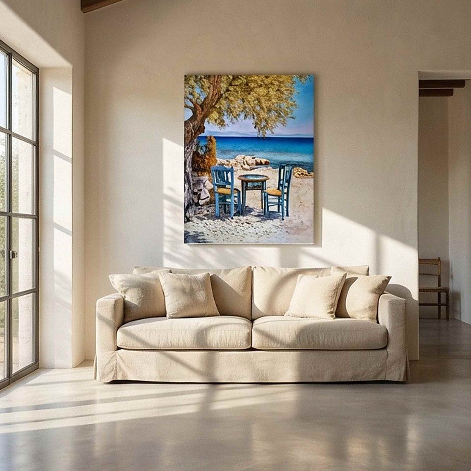 Pintura al óleo de paisaje marino con mesa y sillas frente al mar