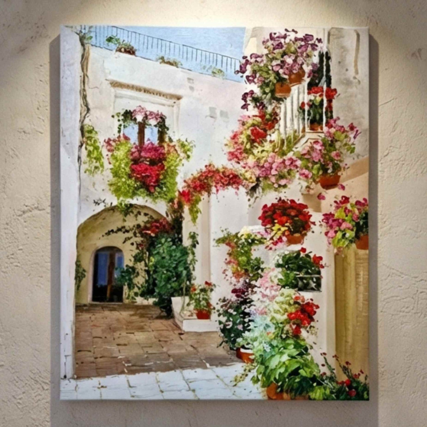 cuadro al óleo patio mediterráneo con flores colgantes