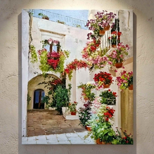 cuadro al óleo patio mediterráneo con flores colgantes