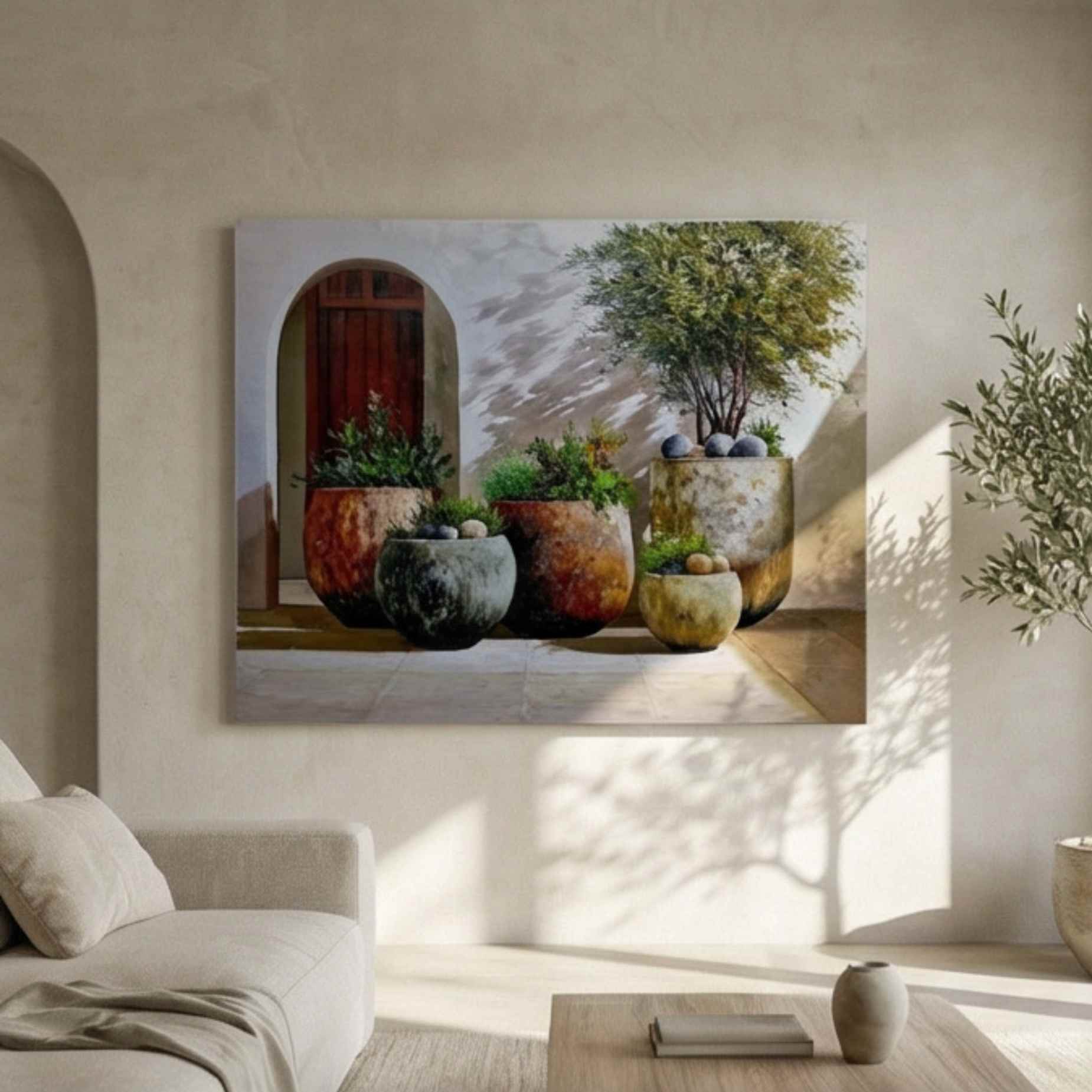 Cuadro decorativo pintado a mano con macetas rústicas y vegetación