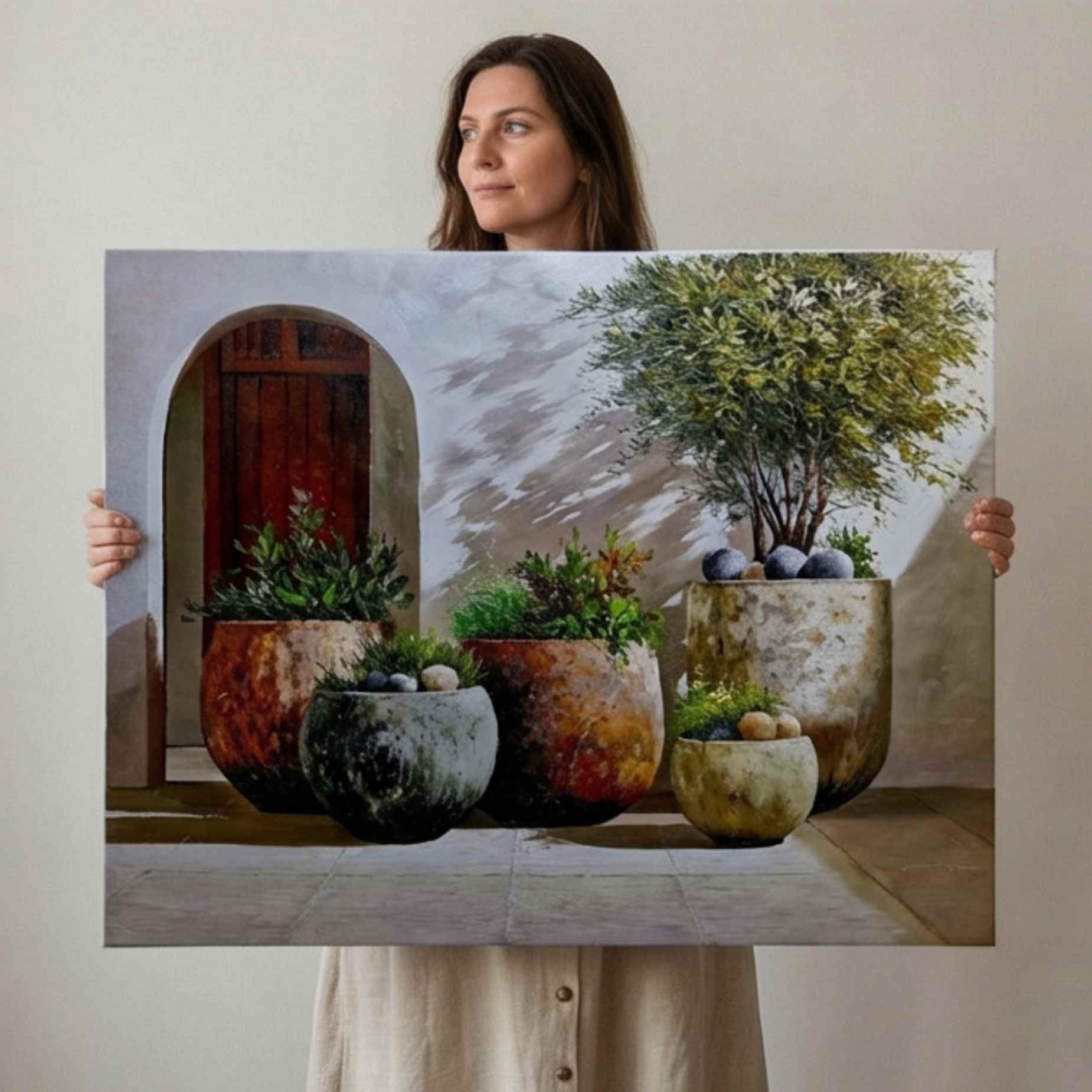 Cuadro realista de plantas en macetas para decoración del hogar